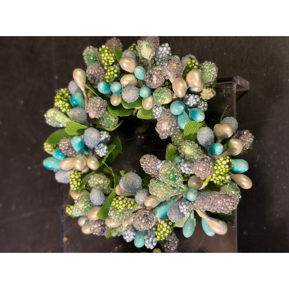 Set of 3 Beaded Berry Napkin Rings Teal Silver Green Botanical Table Decor